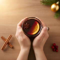 Hands Holding Hot Spiced Wine on Wooden Table with Cinnamon and Cranberries 