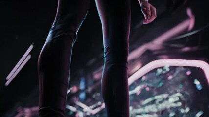 Cyberpunk boots glow on a wet surface with neon lights in background
