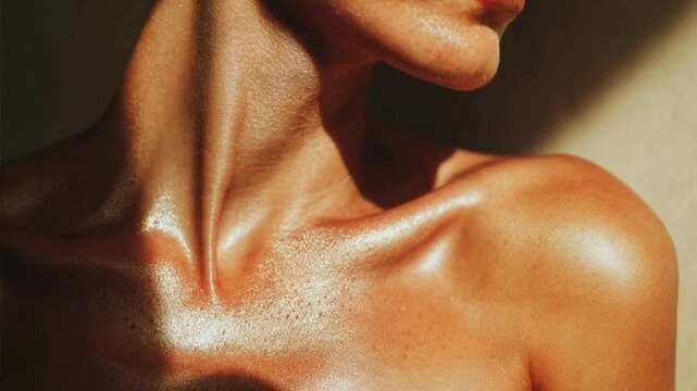 Warm cinematic close up of female shoulder and collarbone glowing with soft golden light in a dreamy evening atmosphere perfect beauty footage for skincare wellness advertising campaigns