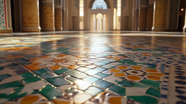 Closeup view of ornate colorful zellij tile floor reflecting sunlight inside a grand mosque or historic building interior