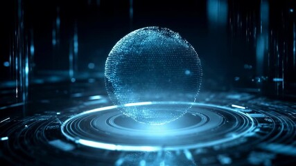 Futuristic scene of glowing digital globe floating above servers in dark room with blue light accents creating powerful technology footage for cybersecurity data networks artificial. - Powered by Adobe
