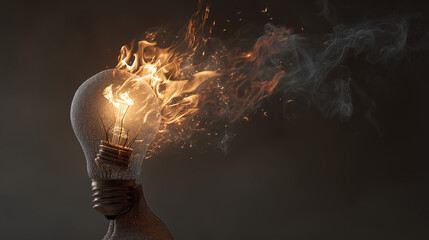 Figure Back Facing Lit Light Bulb Dense Smoke Rising, Inspiration Innovation Tech Concept Background Design Material