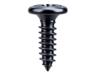 Macro Close-Up of Single Black Metal Screw with Sharp Thread Detail, Front-Facing View, isolated on transparent background PNG