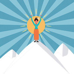 Victorious Woman Standing Atop Snowy Mountain Peak With Arms Raised In Triumph Against A Bright Sunburst Sky Symbolizing Success Achievement and New Beginnings