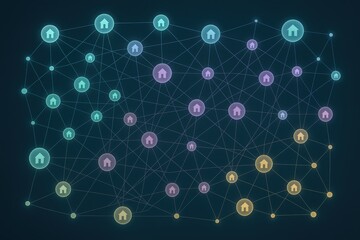 Abstract representation of a digital network showcasing interconnected homes illustrating the concept of shared living spaces and collaborative housing solutions in modern urban environments