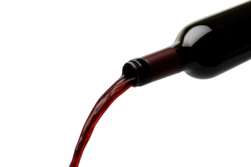 Red wine pouring from bottle, elegant stream of alcoholic beverage isolated on transparent background