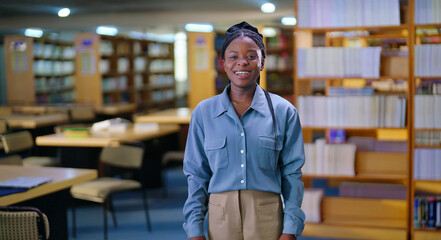 Fototapeta premium African young adult gen z beautiful lady confident student standing proud look camera indoor library happy smiling girl staring cam do casual pose enjoy joyful day time inside college