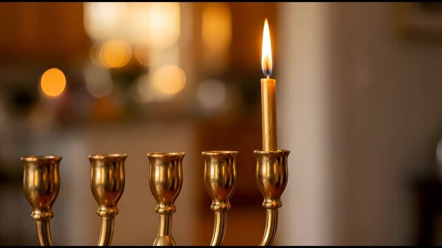 Hand lighting the first candle on a golden Hanukkah menorah using a shamash for Jewish holiday celebration concept and religious tradition with warm light