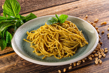 Italian green pasta with pesto sauce