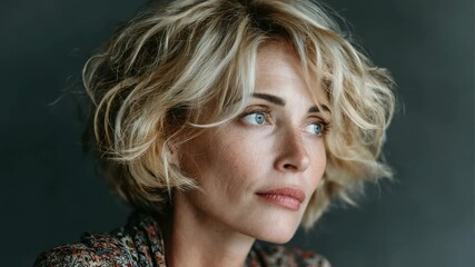 Capturing serenity and grace in a close-up portrait of a woman with curly blonde hair in a simple setting