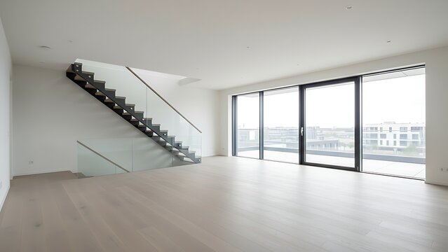 Bright interior view of a modern room with a staircase and large sliding glass doors to a balcony