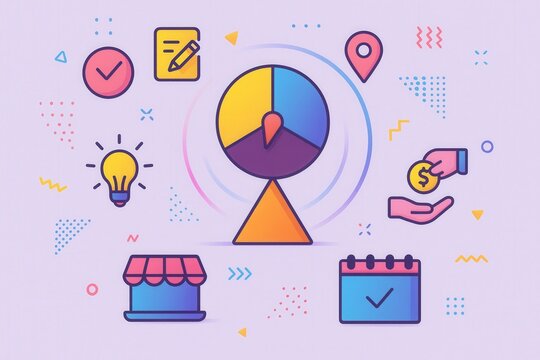 Conceptual illustration of a strategic business framework featuring a tri colored pie chart surrounded by icons like a lightbulb, calendar, shop, location marker, and monetary exchange