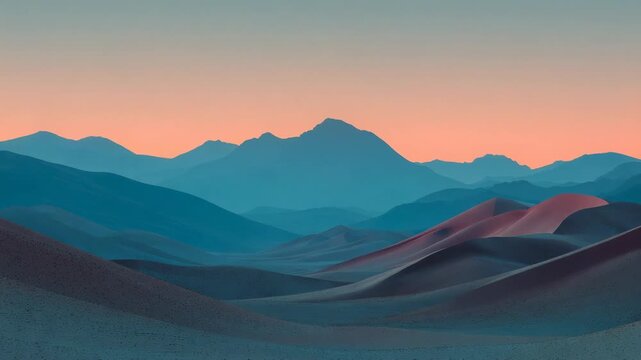 Expansive desert landscape showcasing vibrant sand dunes and majestic mountains at sunrise