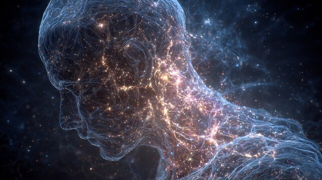Human silhouette merging galaxies glowing neurons forming cosmic web consciousness connected to universe abstract cosmology concept