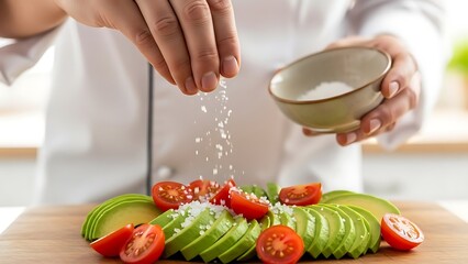 Chef sprinkling salt on a fresh salad of sliced avocado and cherry tomatoes.