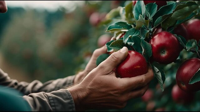 Close-up of farmer inspecting ripe red apples on tree branch in orchard during harvest season