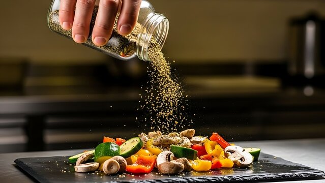 A hand sprinkles dried herbs and spices from a glass shaker onto a colorful mix of chopped bell peppers, zucchini, and mushrooms on a dark serving board in a kitchen setting.