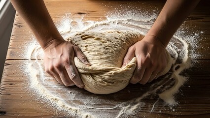 Close-up of hands kneading a large ball of dough on a rustic wooden table covered in flour, preparing bread or pastry.