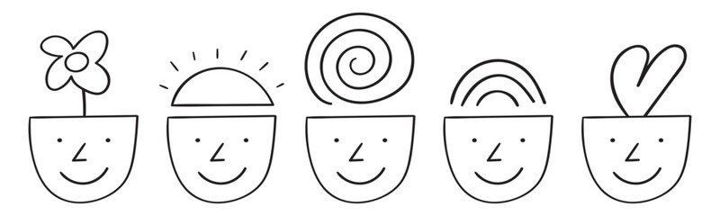 Positive Mental Health Icons. Minimal happy faces with growth symbols for therapy resources and wellness blog graphics.
