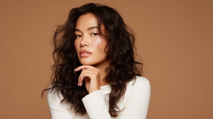 A polished lifestyle portrait featuring a girl with long, wavy dark brown hair wearing a white long-sleeve top. Ideal for fashion editorials, beauty campaigns 