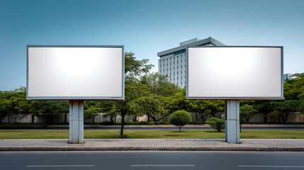 Obraz premium Two blank billboards stand beside road with green trees and modern building in background under clear blue sky
