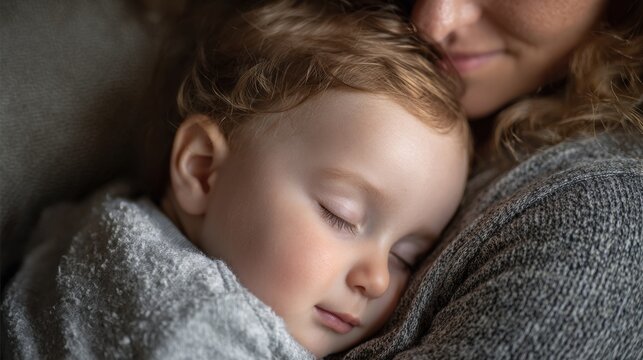 Close up of a sleeping baby held by a woman gentle embrace peaceful rest - Powered by Adobe