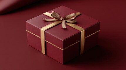 Fototapeta premium A closed square dark red gift box tied with a gold ribbon and a striped bow sits on a matching surface