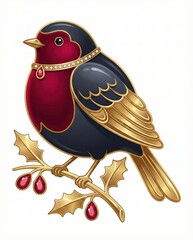 Luxury Jeweled Christmas Robin Illustration in Gold and Enamel Style | Elegant Bird on Holly Branch with Diamond Necklace and Ruby Berries Isolated on White