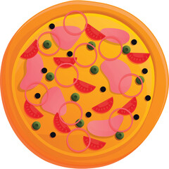 Whole Overhead View of a Delicious Pizza With Ham Tomato Onion And Olives Toppings on a Transparent Background