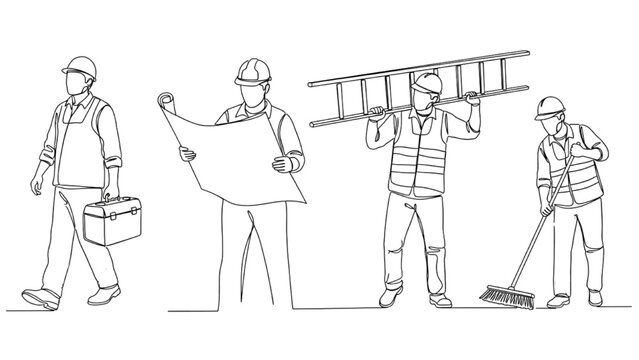 Continuous Line Art Workers Set &ndash; Toolbox Carrier, Plan Reader, Ladder Carrier, and Sweeping Worker Illustration