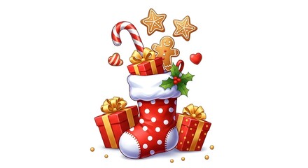 Festive christmas stocking overflowing with gifts and treats illustration