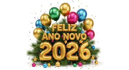 Feliz ano novo 2026 celebration with balloons and festive decorations