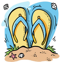 Yellow Flip Flops With Blue Straps Resting On Sand With Seashells And Green Grass Under A Blue Wave On A Transparent Background