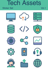 Tech sticker set featuring digital devices, software icons, coding symbols, cloud storage, cybersecurity elements, and modern technology graphics. Perfect for IT projects, apps, and digital content.