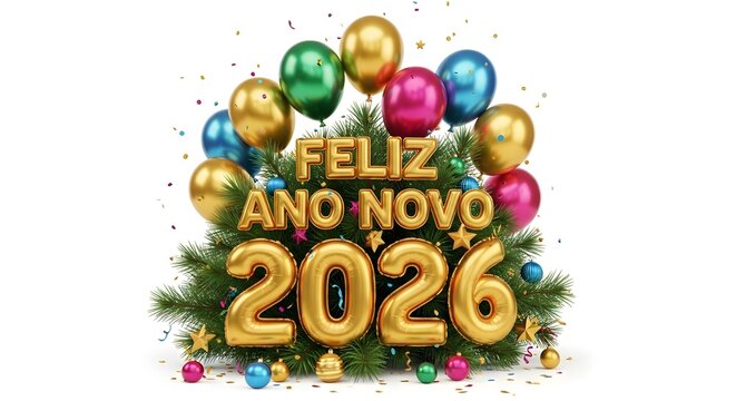 Feliz ano novo 2026 celebration with balloons and festive decorations