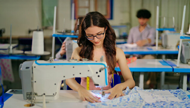 Indian young adult pupil gen z woman wear glasses tape around neck sitting class room learn new casual course good sewing machine. focused teen female girl do self craft skill indoor day college place