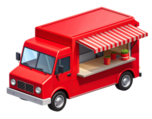 Top-Down Isometric Red Food Truck Illustration with Bold Minimal Shapes and Canopy, isolated on transparent background PNG
