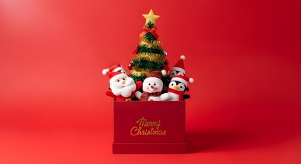 Festive christmas decoration with santa claus penguins and a miniature tree