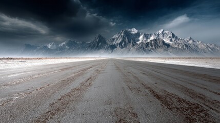 A long, empty road leads towards majestic mountains covered in snow, surrounded by a vast, desolate landscape. Dark clouds loom above, creating an intense atmosphere