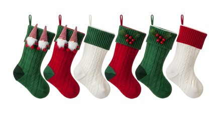 Six christmas stockings hanging in a row ready for santa s gifts