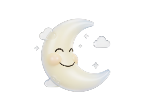 Smiling Crescent Moon Character with Cute Clouds and Stars on Transparent Background Rendered in 3D