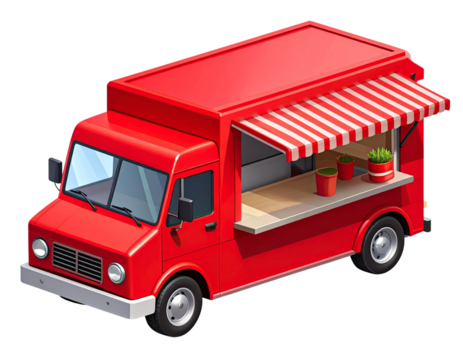 Top-Down Isometric Red Food Truck Illustration with Bold Minimal Shapes and Canopy, isolated on transparent background PNG