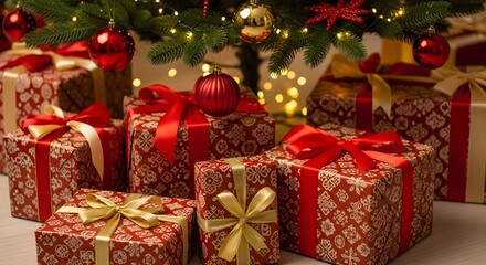 Festive christmas presents under a decorated tree with warm lighting