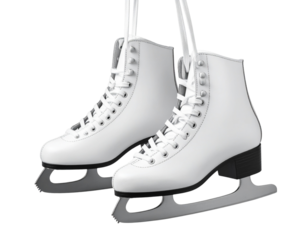 Top-Down View of White Ice Skates Suspended by Twisted Laces, Minimal Modern Layout, isolated on transparent background PNG