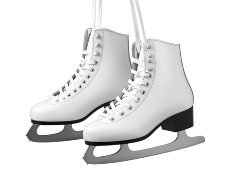 Top-Down View of White Ice Skates Suspended by Twisted Laces, Minimal Modern Layout, isolated on transparent background PNG