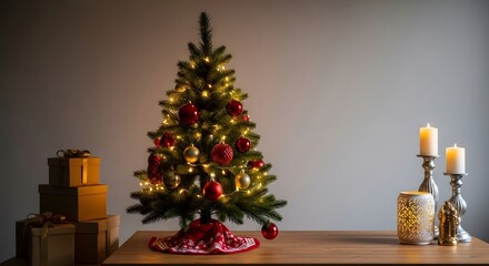 Festive christmas tree with gifts and candles on a wooden table