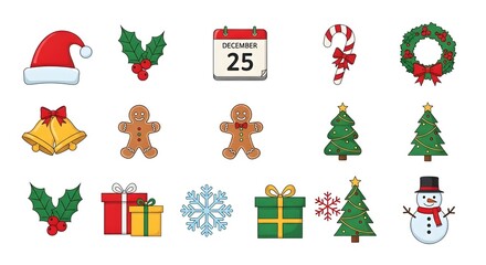 Festive christmas icon set with traditional holiday symbols and decorations