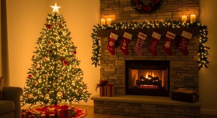 Warm and cozy christmas scene with tree and fireplace decorations