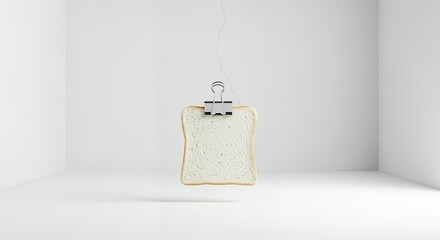 Hanging Slice of Bread with Binder Clip in Minimalist Studio