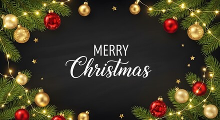 Festive christmas frame with ornaments lights and evergreen branches on black